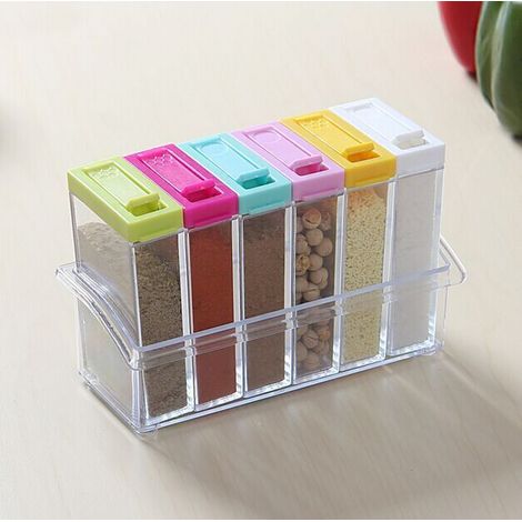 Set mit 6 (bunten) Gewürzgläsern aus Kunststoff, transparente Gewürzbox