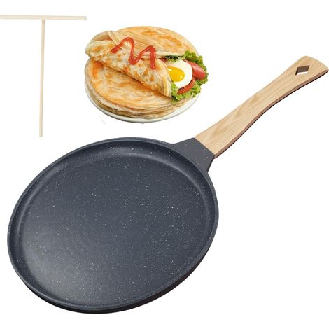Poêle À Crêpes 24 cm,Crêpière Avec Revêtement Antiadhésif,Avec Répartiteur De Pâte À Crêpes En Bois, Amovible Poignée Confortable Et Ergonomique, Poêle Pancake Gâteau Mille-feuille Soufflé Omelette (1/5)