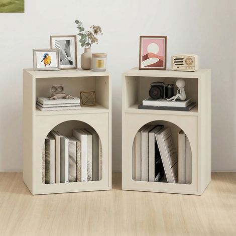 Lot de 2 tables de nuit, chevets avec niches ouvertes, style cintré, 40 x 30 x 60 cm, crème (1/5)