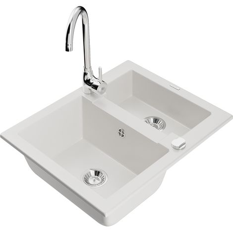 Mexen Carlos fregadero de granito 1,5 cubetas con grifo de cocina Telma, blanco - 6518-20-670200-00 (1/5)