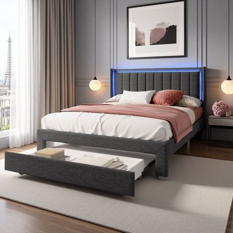 Cama 2 Personas 140x200 con Cofre, Cama de Adulto con Banda Lumínica RGB y Doble Puerto USB/Tipo-C, tela de lino - Tela de Lino Gris Moderno (1/5)
