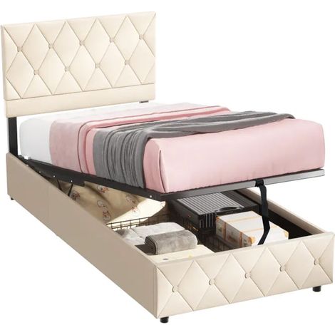 Lit 90x190 cm en velours beige avec sommier à lattes en bois massif, barre centrale stabilisatrice et confort moelleux – idéal pour votre chambre – CHICFURN (1/5)
