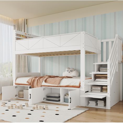 Etagenbett 90/200 cm in Weiß mit Stauraumtreppe und Schrankfächern, modernes Paneel-Design (1/5)