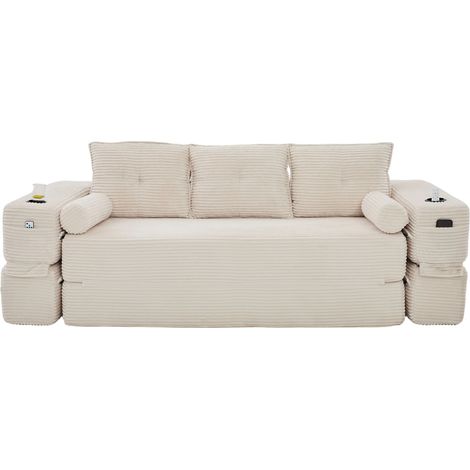 Canapé convertible 3 places en velours côtelé avec mousse haute densité et noyau à ressorts, coloris rayé, avec porte-boissons et coussins mémoire (1/5)