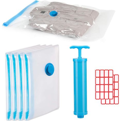 Sacs de Rangement Sous Vide, Sacs Compression,40  60cm Sacs de Compression Réutilisables, Sac de Voyage Sous Vide, Sacs Sous Vide pour Vêtements, Pompe Sous Vide, Étiquettes Autocollantes, 4 Pièces (1/5)