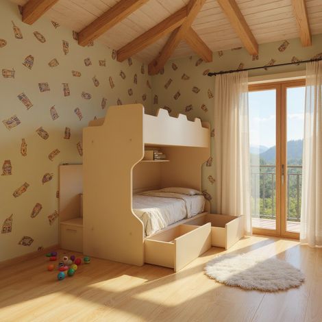 Letto a castello con scala contenitore e terzo letto estraibile - Cameretta salvaspazio - Ecru cappuccino