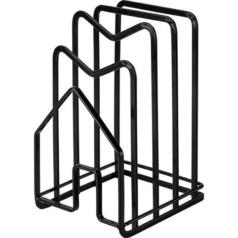 Juego de dos soportes para tablas de cortar, soportes para tapas de ollas, estante metálico para guardar tapas de ollas (negro)