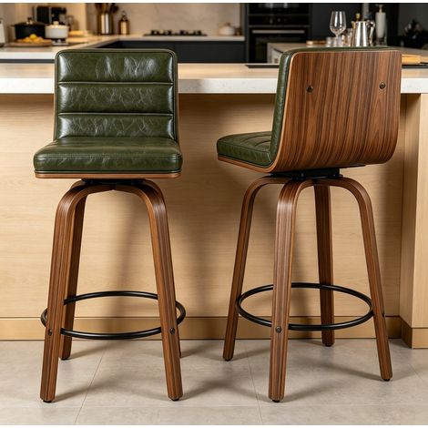 Barhocker, 360 Grad drehbar, ergonomische Rückenlehne, Fußring, Holz und Metall, Grün (1/5)