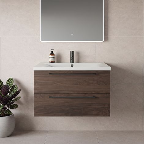 Napoli 460 Brown Oak 800mm Wall Mounted 2 Drawer Vanity Unit with Glide Basin - 800mm - Gunmetal Grey 480mm Handle