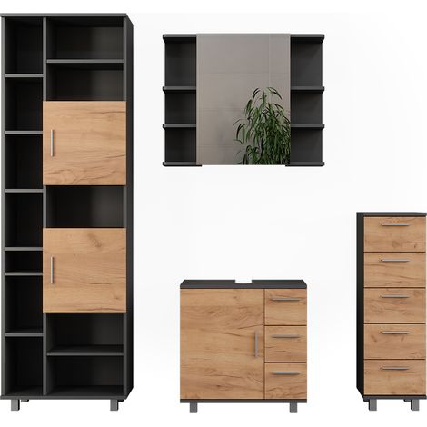 Set di mobili da bagno Ilias, Antracite/Rovere dorato, 4 pezzi, con unità alta e unità midi, Vicco