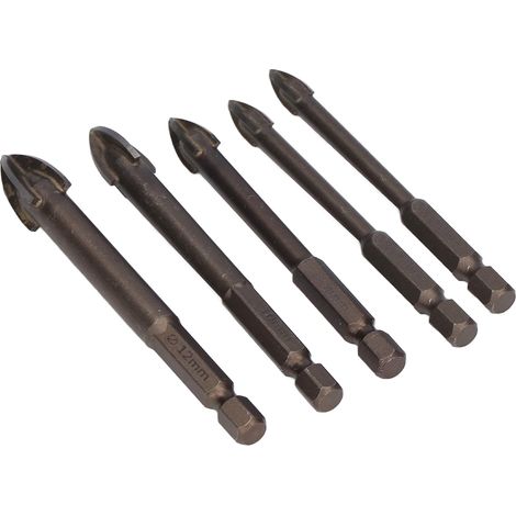 Lot de 5 forets cruciformes à queue hexagonale en carbure pour carrelage, béton, verre et céramique. (1/5)