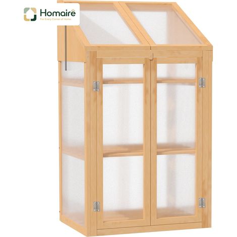 HOMAIRE Mini Gewächshaus en bois avec trois étagères, double porte et fenêtre, pour jardin et balcon, brun (1/5)