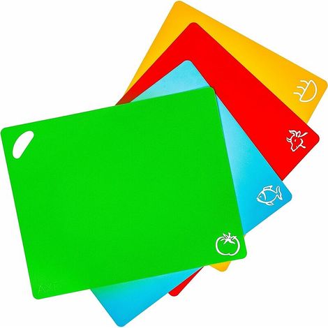 Set de Planches à Découper en Plastique Flexible - 4 pcs Tapis de Cuisine avec Icônes Alimentaires - Code couleur sans BPA, Non Poreux, Lavable au Lave-vaisselle (1/5)