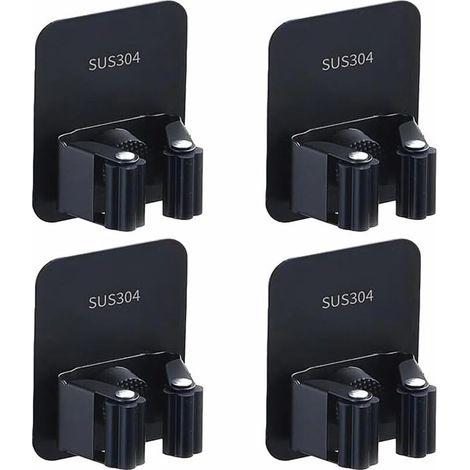 Set di 4 porta scope da parete in acciaio inox, autoadesivi, soluzione per riporre oggetti in cucina, garage, giardino e bagno (nero) (1/4)