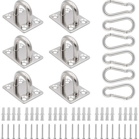 6 Pièces de Plaque Oeillet en Acier Inoxydable et 6 Pièces de Mousquetons, Plaques à Oeil en Forme de U, Platine Oeil Robuste avec Chevilles et Vis, Plaque œil pour Salon, Balcon, Salle de Bain(M8) (1/4)