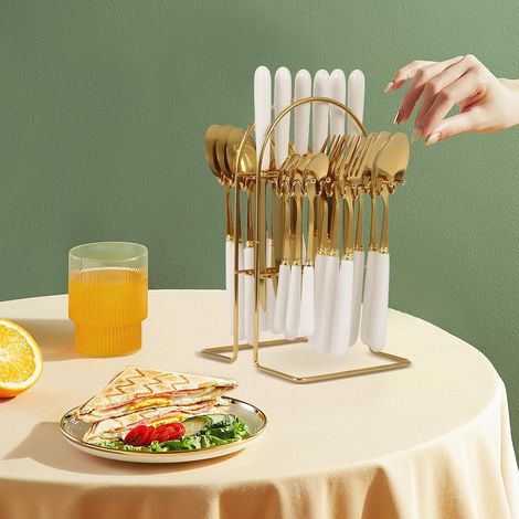 24pcs Mixed Cutlery Set Stainless Steel Ceramic Handle Tableware Dinnerware Set with Storage Stand-Knives/Spoons/Forks/Teaspoons for Family, Restaurants, Restaurants, Parties (1/5)