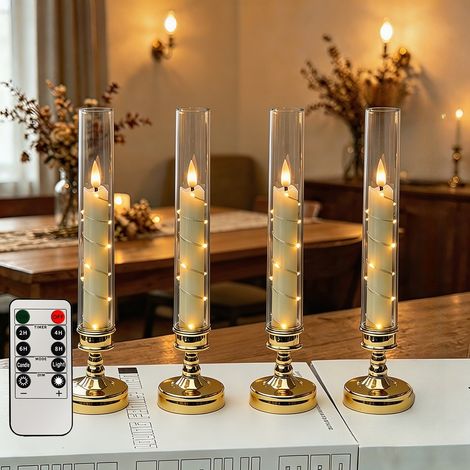 Lot de 4 Bougies LED Électriques avec Télécommande, Minuterie et Lumières Étoilées Intégrées, Effet Vacillant pour Mariage et Noëldoré (1/5)
