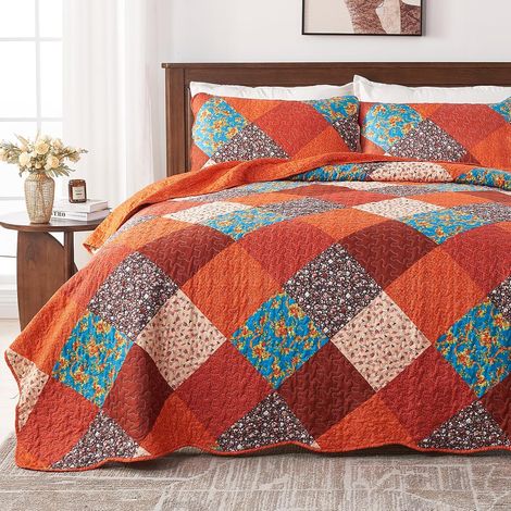 Patchwork Couvre Lit, Dessus de Lit et Couvre Lit 2 Personnes 240x260 cm, Boutis Courtepointe Matelassé Réversible Multicouleurs Rose Decoratif pour Chambre (Orange, 240x260cm) (1/5)