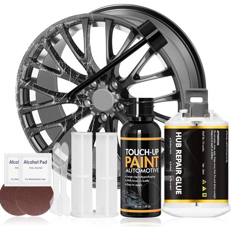 Reparation Jante, Kit Reparation Jantes Aluminium, Stylo Retouche Jante Alu, Kit de Réparation de Rayures de Roue en Alliage pour Réparer Les Rayures, Les Bosses en Alliage, Noir (1/5)