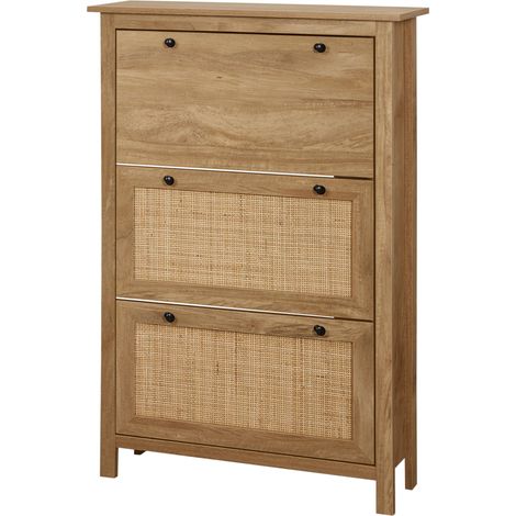 Schuhschrank mit 3 Klapptüren aus Rattan und Naturholzgeflecht