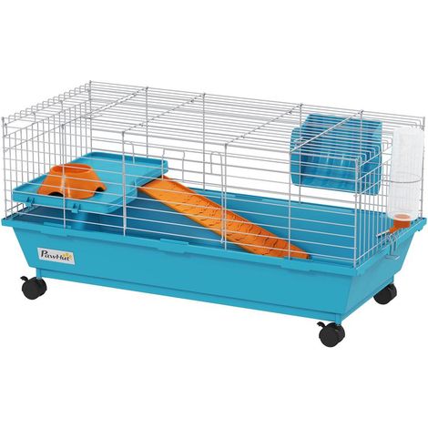 Cage bleue sur roulettes avec biberon et foin pour lapins et cochons d'Inde, 89x44x43 cm, habitat mobile pratique et complet (1/5)