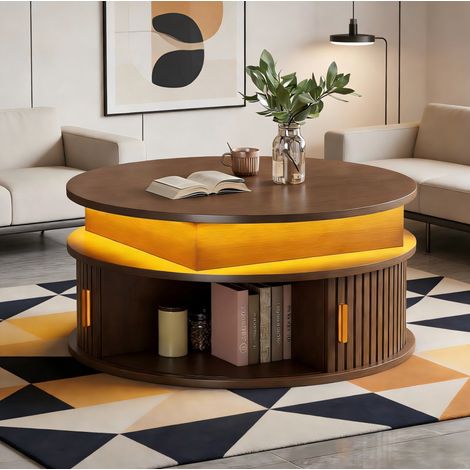 DESMIU Table basse relevable ronde LED avec 2 portes roulantes et 4 niches, pour salon, MDF, noyer, 75 × 75 × 52 cm (1/5)