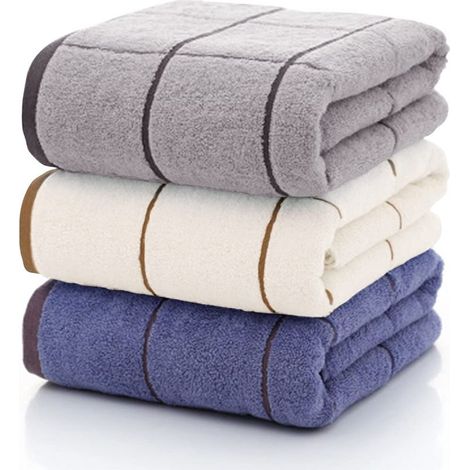 Lot de 3 serviettes de bain - Bleu et Gris et blanc - 100 % coton - 70140 (1/5)