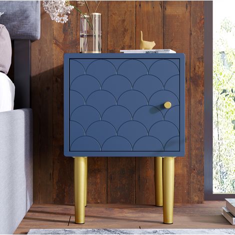 Lot de 2 tables de chevet 35x35x50 cm bleu marine en bois aggloméré avec pieds métal et rangement (1/5)