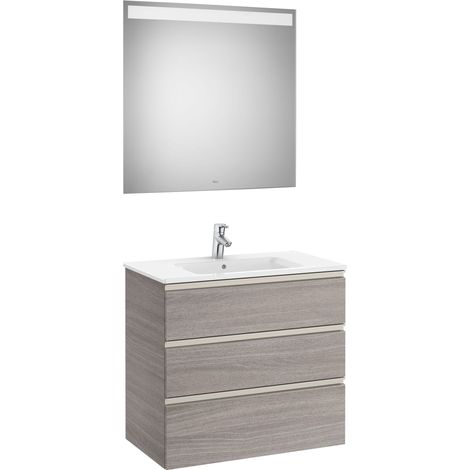 Conjunto de mueble 3 cajones, lavabo y espejo con LED THE GAP - ROCA Color: Roble City texturizado - Medidas: 805 mm (1/3)