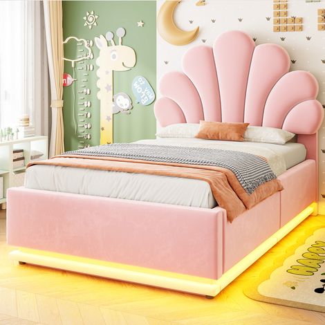 Cama tapizada de 90 x 200 cm, cabecero con forma de flor, almacenamiento hidráulico, iluminación LED y estructura metálica, tela de terciopelo beige y rosa. (1/5)