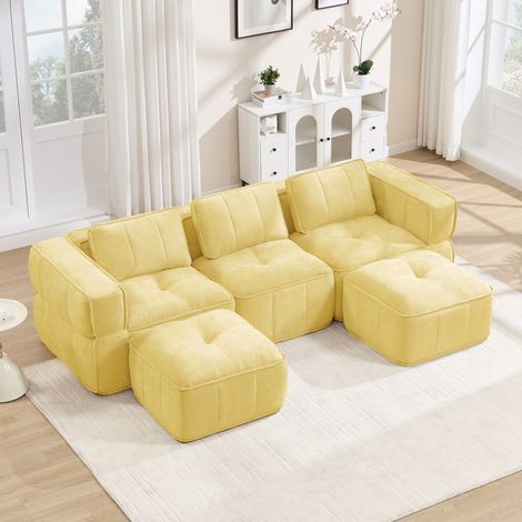 Divano modulare a U 271x162x67 cm, con 2 pouf, senza struttura, seduta profonda, poliestere giallo (1/5)