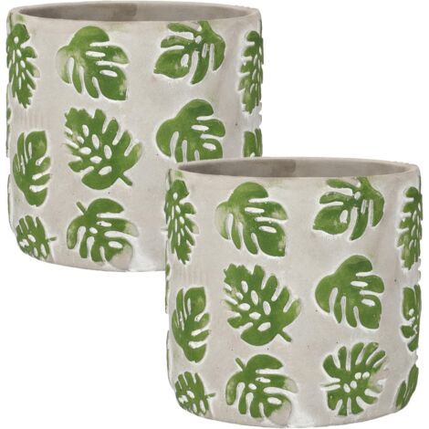 Lot de 2 pots de fleurs en béton décoratif Motif feuille de fenêtre Monstera (23 cm)-NANOTEH (1/5)