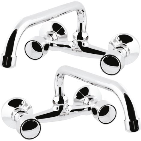Robinet lavabo mural chrome – Bec pivotant 20 cm – Double levier à tête ronde – Cartouche céramique 1/4 de tour – Invena