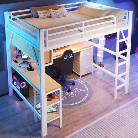 Lit mezzanine gaming 140x200 cm métal blanc avec bureau, bibliothèque, rangement, usb et led (1/5)