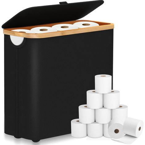Caja de almacenamiento de rollos de papel higiénico plegable y apilable de bambú de 28 litros con tapa negra para baño. (1/4)