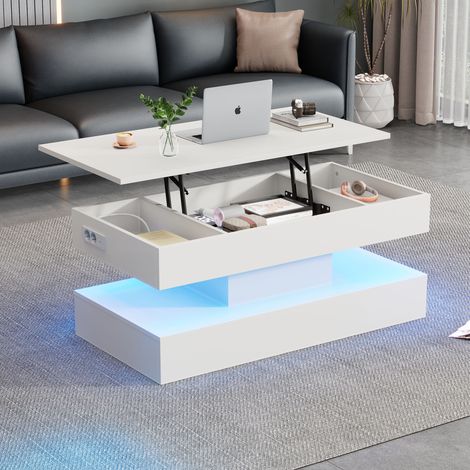 Table basse moderne avec éclairage LED et rangement caché - table d'appoint avec élévateur hydraulique, 100x50x42 cm, Blanc (1/5)
