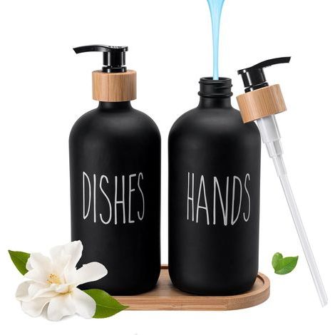 Tigrezy Elegantes Seifenspender-Set aus Glas mit Tablett – Schwarz-Weiß-Dekoration für Badezimmer und Küche – 500 ml Fassungsvermögen (schwarz) (1/5)