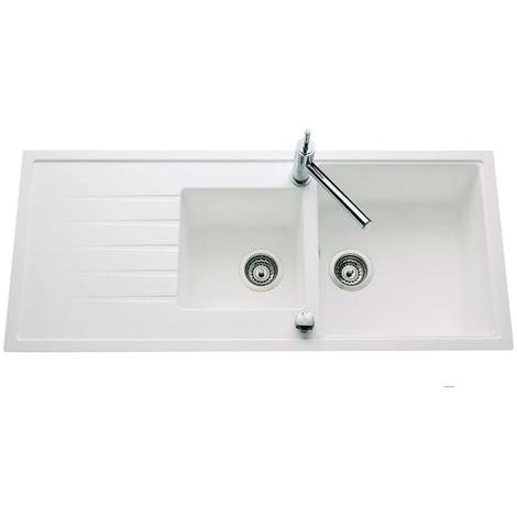 Évier granit blanc 116x50 cm – 2 bacs réversibles – Évier à encastrer avec bonde et siphon inclus – Pour meuble sous évier 90 cm – EWI (1/3)