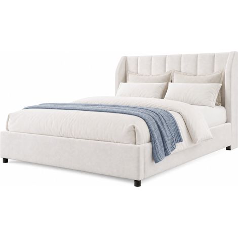 Letto Matrimoniale 140 x 200 cm in Flanella, Testiera Imbottita e Struttura Stabile, senza Materasso, Beige (1/5)