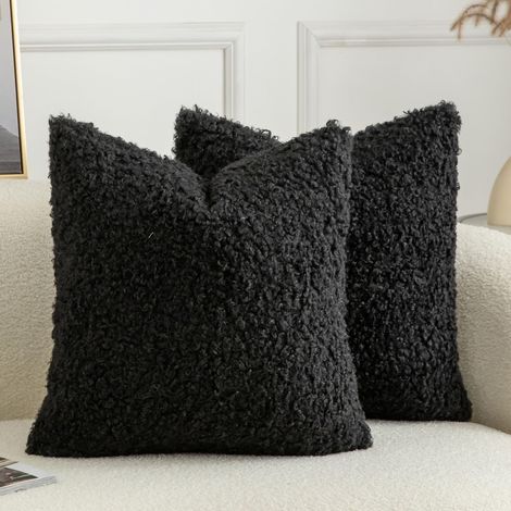 Lot de 2 housses de coussin décoratives en fausse fourrure de mouton bouclée pour canapé, salon, 40,6 x 40,6 cm, noir (1/5)
