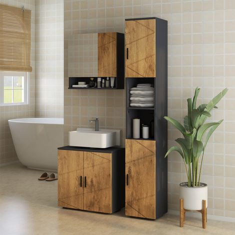 Meuble Sous Vasque Lavabo Salle de Bain  2 Portes + Étagère  60x30x60 cm  Gris Anthracite + Aspect Bois