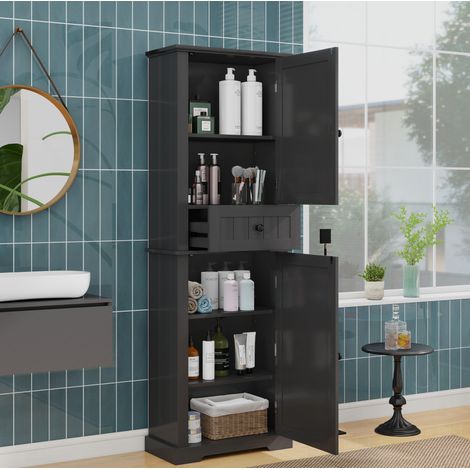 Armario de baño MDF negro 56 cm con 2 puertas, 1 cajón y estantes ajustables