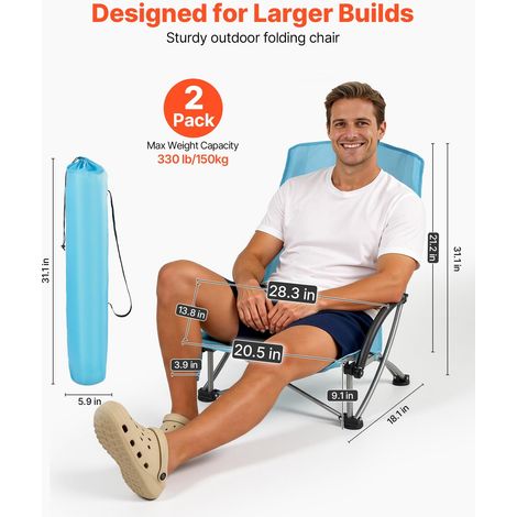 Lot de 2 chaises pliantes plage dossier haut camping adulte, poche gobelet, dos filet, sac transport, assise large portable 150 kg, extérieur, bleu clair (1/5)