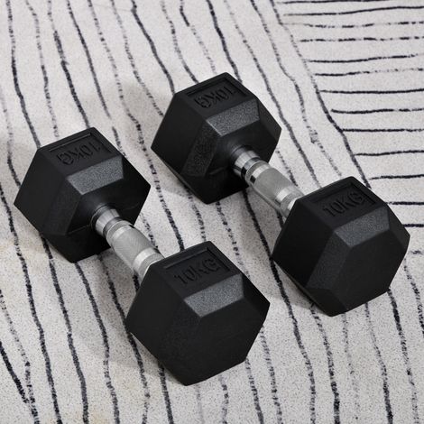Haltères hexagonales. Lot de 2 haltères avec poignées moletées. Haltères en fonte. 2 x 10 kg. Haltères pour hommes et femmes. Usage domestique ou en salle de sport. Musculation.