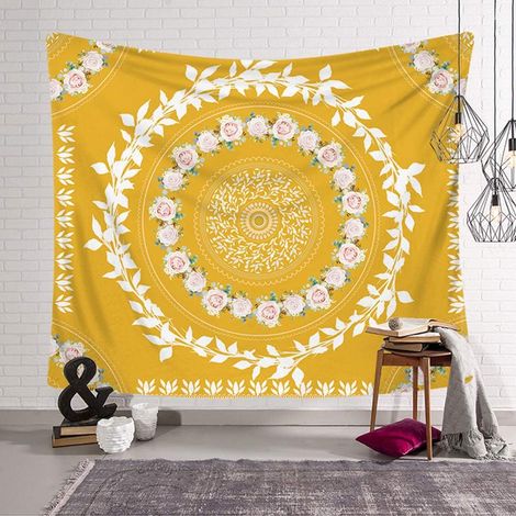 Bohemian wall tapestry, Indian beach mandala pattern, soft and silky decoration for bedroom, living room (yellow, 150 x 130 cm) (1/5)