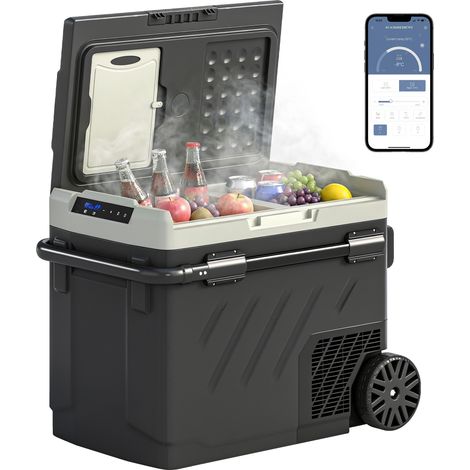Outsunny nevera portátil eléctrica 49l 12/24/240v con compresor doble zona control por app luz led pantalla de -20℃ a +20℃ asa telescópica ruedas