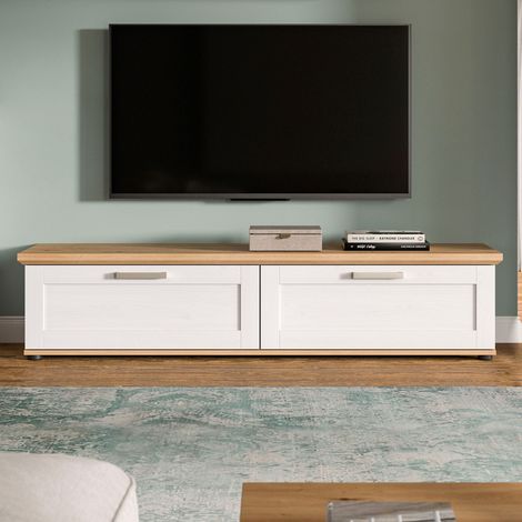Meuble TV 2 portes 164x40x37cm décor blanc et naturel - VERONICE (1/5)