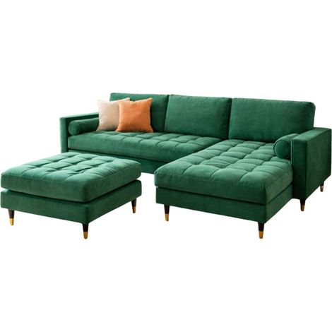 Sofá esquinero KOLIRI verde esmeralda con otomana – Sofá de diseño en terciopelo con estructura de madera maciza