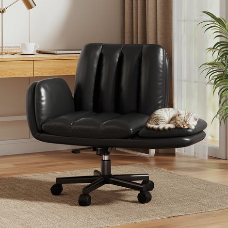 Chaise bureau ergonomique PU pivotante‑Patbrela‑hauteur réglable, accoudoirs rabattables, siège confortable bureau‑coiffeuse noir (1/5)