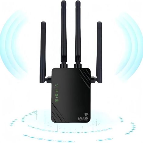 Repetidor WiFi, nuevo amplificador WiFi 2024, amplificador WiFi de 1200 Mbps, amplificador WiFi de doble banda de 5 GHz y 2,4 GHz, modo repetidor/router/punto de acceso, 4 antenas, ideal para el hogar (1/5)